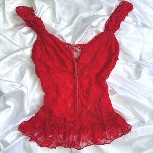 Red Floral Lace Corset Top Ruffle Strap Hook Eye Front Peplum Cami Red L